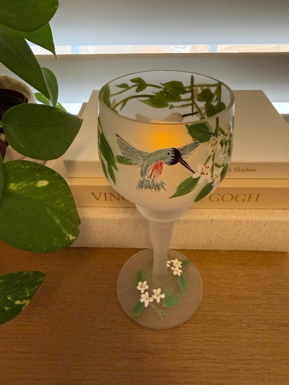 VTG Hand Painted Humming Bird Frosted Goblet Candle Holder